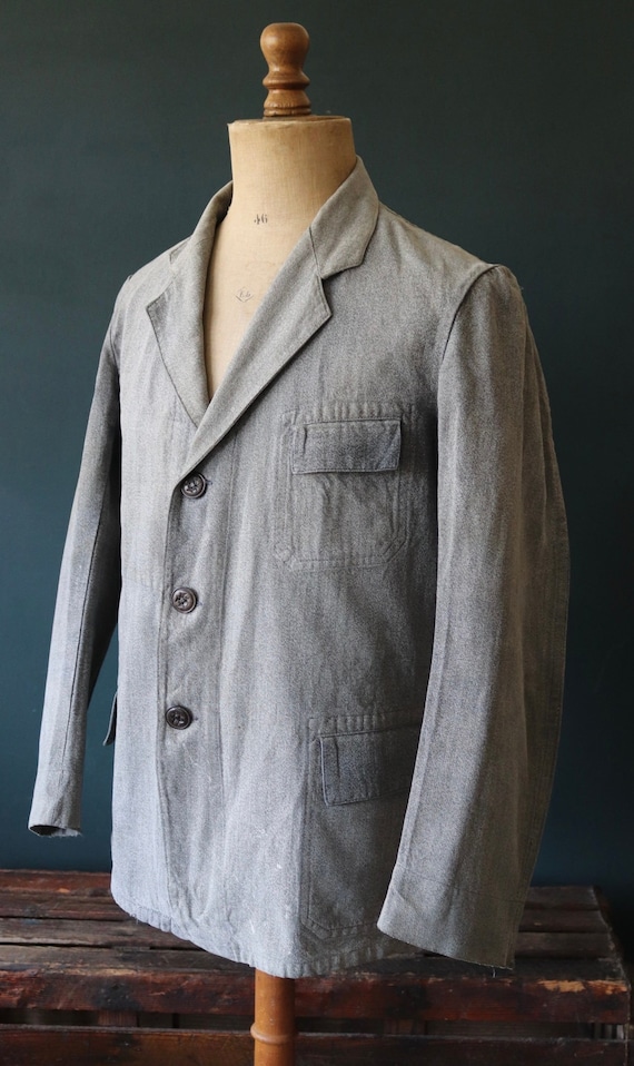 Vintage 1930s 30s French salt and pepper grey work jacket workwear chore 42” chest