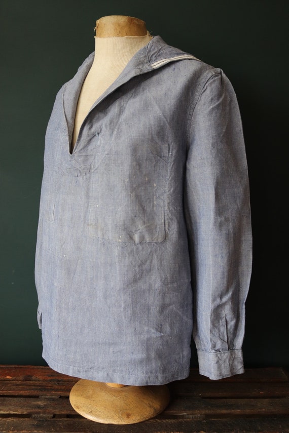 Vintage 1960s 60s French Marine Nationale Navy naval crackerjack bib top shirt jumper linen indigo 43” chest military workwear work sailor