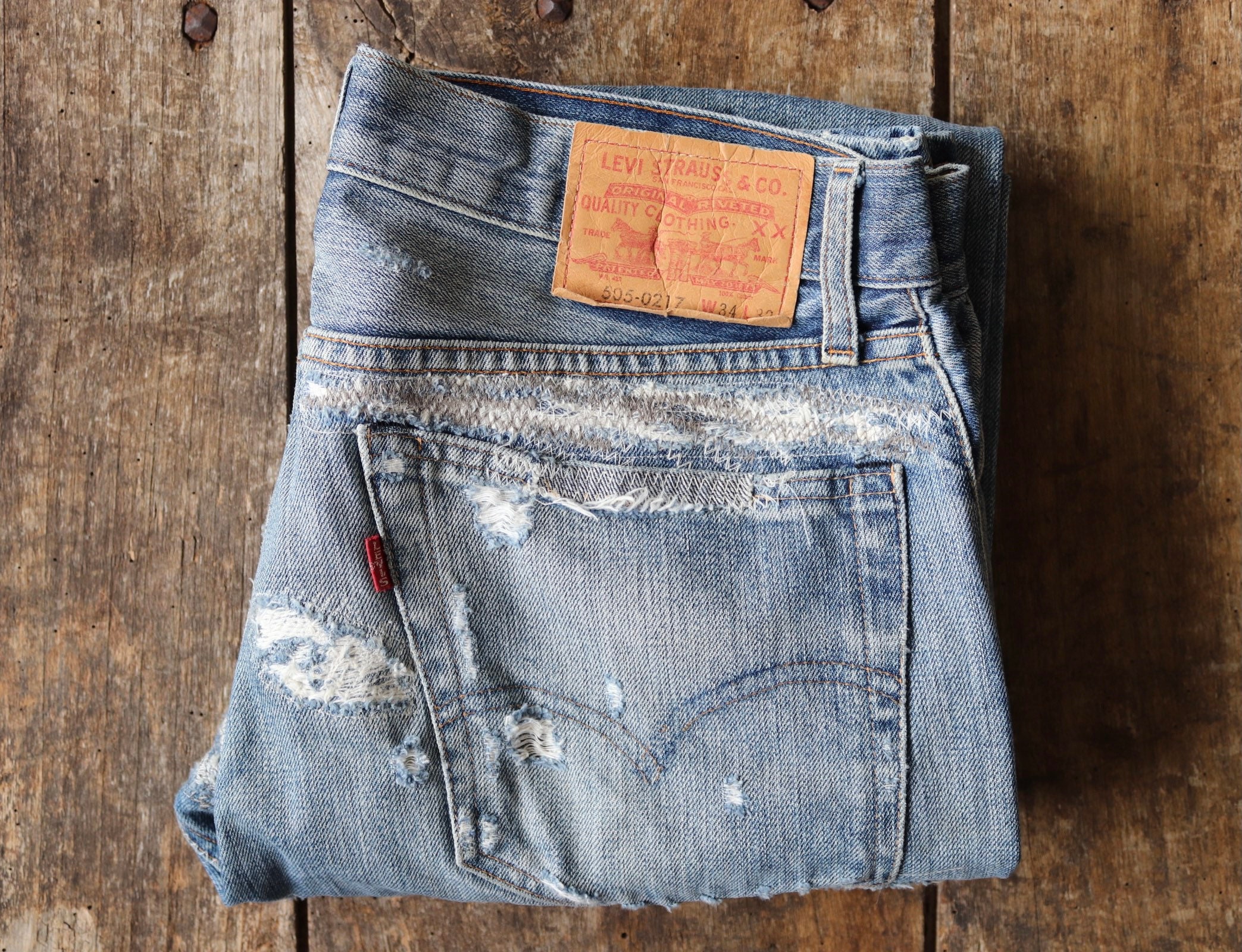Vintage Levi Strauss Levis LVC selvedge denim jeans 505-0217 distressed  repaired darned workwear work chore 34” x 32” Talon zipper