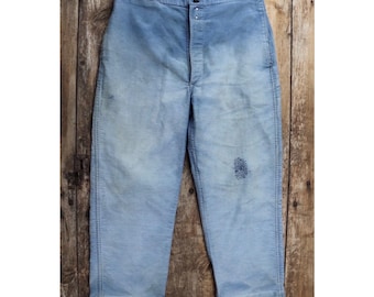 Vintage 1940s French workwear trousers - blue moleskin chore pants - buckle back - darned and repaired - 33” x 25”
