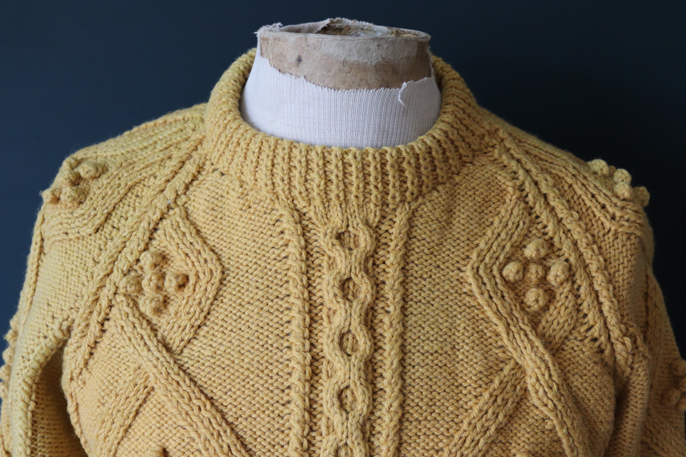 Vintage mustard yellow cable knit Guernsey gansey fisherman sweater