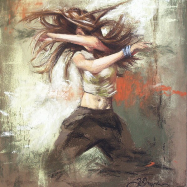 Freedom, original soft pastel painting of a woman dancing with wild hair, on 12"x16" rigid archival pastel board