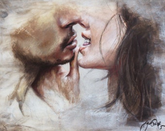 Original soft pastel painting of a couple kissing,  on 11"x14" archival pastel board