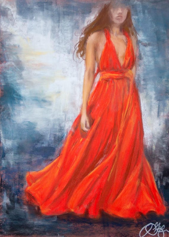 Original Pastel Painting, Woman in Red Dress, Mounted Art - Etsy