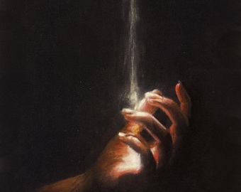 May include: A charcoal drawing on a black background depicting a hand reaching upward toward a vertical beam of light. The hand is rendered in warm brown and white tones, with a signature in the bottom left corner in a light orange script.
