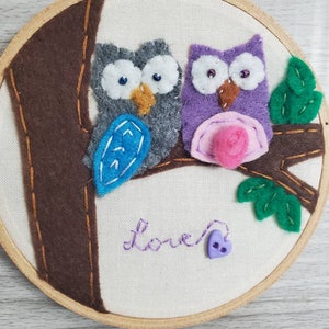 Owls Felt Ornament, Embroidery Love Birds, Gray Pink Purple Blue, Hanging Wall Art, Embroidery Christmas Valentine&#39;s Decor