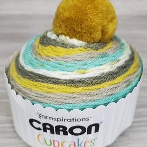 Pistachio Cup, Caron Cupcake Yarn, Acrylic Knit Crochet, White Green Gray Yellow, Hat Faux Pompom, Light #3