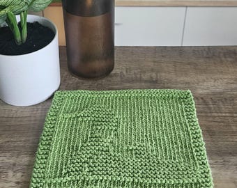 Loon Dishcloth, Vintage Green, Knit Bird Washcloth, Handknit Cotton Kitchen Decor, Ecofriendly & Reusable