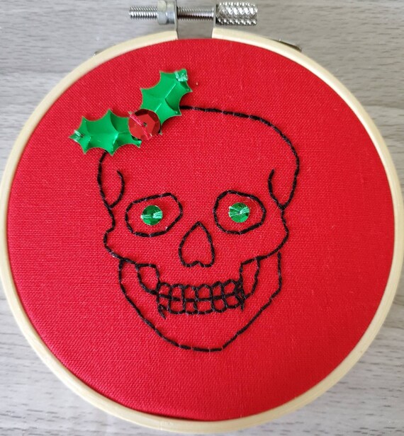 Skull Embroidery Ornament, Holly Christmas Sequin, Red Green Black, Hanging Hoop Wall Art, Handmade Gift