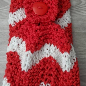 Red & White Towel, Hanging Kitchen Knitted Oven Cloth, Striped Chevron Cotton Decor, Ecofriendly Reusable