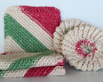 Country Stripe Dishcloths, Set of 2 Scrubbies, Loom Knit Beige Green Red Cloths,  Christmas Kitchen Cotton Gifts, Ecofriendly Reusable