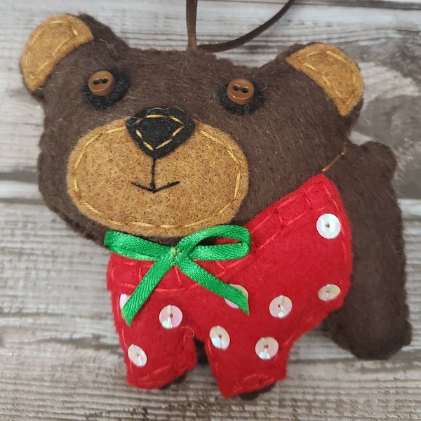 Felt Bear Ornament, Brown Red Green, Christmas Ugly Sweater Decor, Sequin  Handmade Woodland