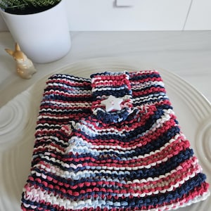 Nautical Ombre Kitchen Towel, Patriotic Knit Dish Cloth , Red White Blue, Oven Button Hanging Cotton, Ecofriendly Reusable