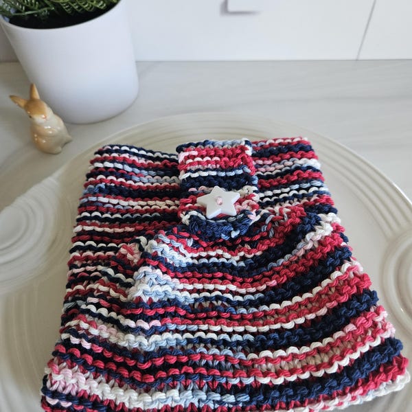 Nautical Ombre Kitchen Towel, Patriotic Knit Dish Cloth , Red White Blue, Oven Button Hanging Cotton, Ecofriendly Reusable