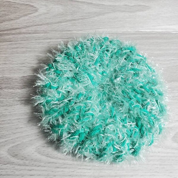 Mod Green Scrubby, Sparkle Round Kitchen, Knit Loom Dish Scrubber, Handmade Ecofriendly Reusable