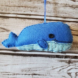 Blue Whale Felt Ornament, Christmas Nursery Decor, Button Felt Handmade