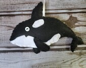 Felt Orca Ornament, Killer Whale, Christmas Ocean Decor, Black White, Handmade Button Hanging Art
