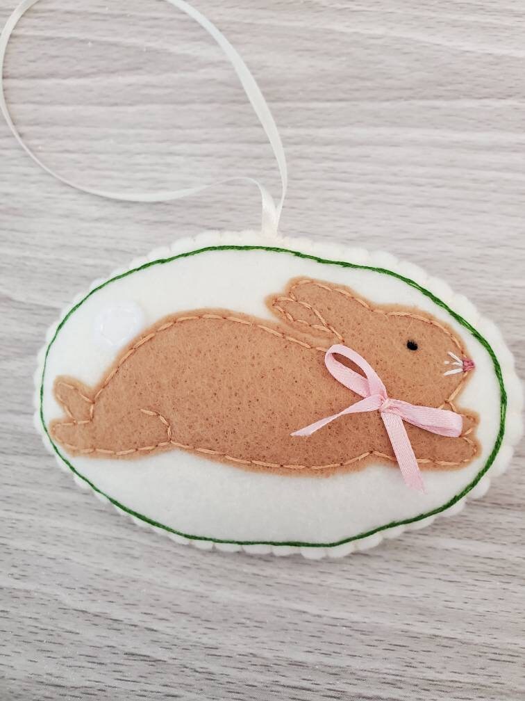 Felt Rabbit Ornament, Bunny Embroidery Easter Decor, Tan Cream Christmas, Handmade