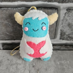 Yeti Felt Ornament, Abominable Snowman, White Blue Yellow Coral Pink, Handmade Merino Wool Button Decor, Hanging Plush Valentine Yeti