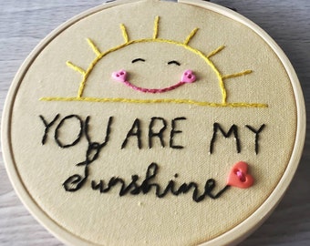 Embroidery Sun Ornament,  Yellow Pink Black, Sunshine Heart Button Decor, Nursery Wall Hoop Art, Christmas Hanging