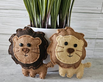 Lion Felt Ornament, Brown Tan Black, Handmade Embroidery Christmas, Safari Mascot, Button Hanging Wall Art, Merino Wool