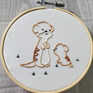 Meercats Ornament, Green Brown Ecru, Embroidery Christmas Hanging Decor, Nursery Wall Art