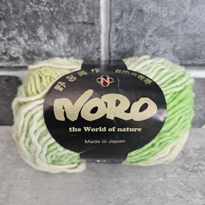 May include: A skein of Noro yarn in shades of green and cream. The yarn is wrapped with a black label that reads "NORO the World of nature Made in Japan."