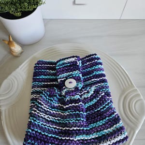 Dreamy Kitchen Towel, Knit Dish Cloth, Purple Blue White, Oven Button Hanging Cotton, Ecofriendly Reusable