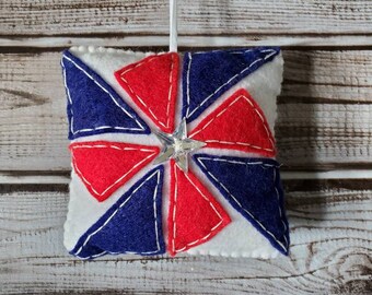 July 4th Ornament,  Quilt Pattern Ornament,  Patriotic Wreath Decor,  Patriotic Quilt Ornament, Red White Blue Ornament,  Plush Ornament