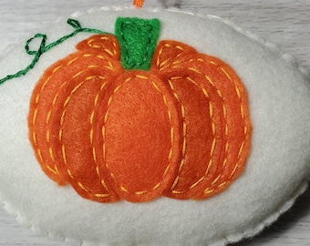 Fall Pumpkin Ornament, Orange Cream Green, Felt Embroidery Autumn Decor, Thanksgiving Christmas Hanging Handmade