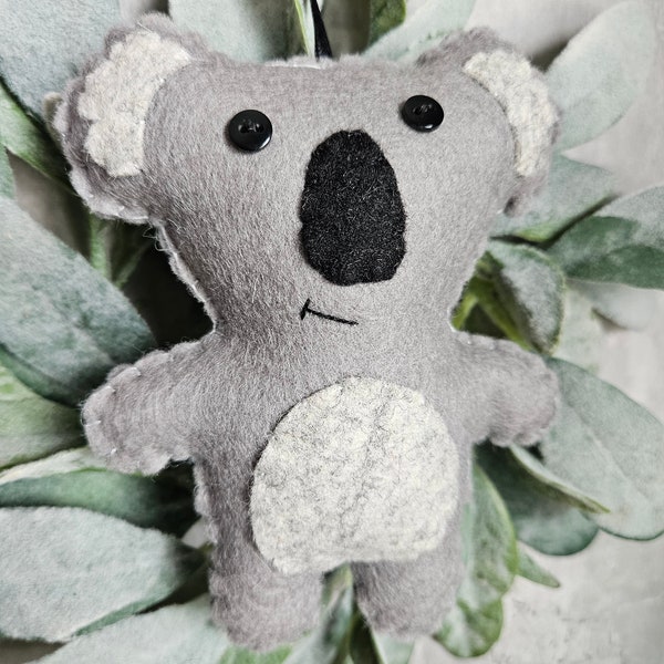 Koala Bear Ornament, Heather Gray Black Plush, Handmade Christmas Tree Decor, Merino Wool Felt Button, Australia Stuffie