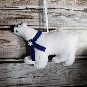Polar Bear Ornament, Felt White Black Blue, Christmas Artic Hanging