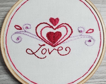 Embroidery Heart Ornament, Red Pink Lavender, Valentine's Day Beaded Decor, Hanging Wall Art