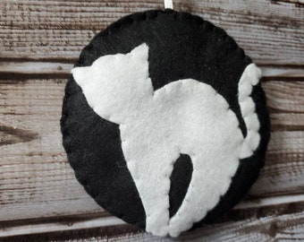 Cat Felt Ornament, Halloween Cat  Black White, Handmade Christmas Decor