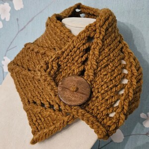 Puede incluir: Una bufanda de cuello de tortuga de punto marrón con un botón de madera. La bufanda tiene un patrón tejido y está hecha de un material suave y cálido.