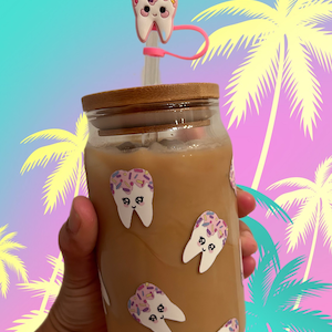 Dental Themed Glass Cup with Bamboo Lid, Glass Coffee Cup with Lid & Straw, 16oz Tumbler.  Dentist, Dental Hygienist, Dental Asisistant.