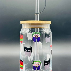 Dental Themed Glass Cup  with Bamboo Lid and straw, D C superheroetooth , 16oz Tumbler.  Dentist, Dental Hygienist, Dental Asisistant.