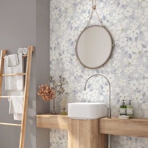 Genévrier bleu |  Déco blanche pour chambre d'enfant, déco gris blanc, art mural, art mural pour chambre d'enfant, papier peint à fleurs, papier peint à fleurs blanches et bleues