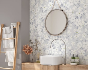 Juniper Blues |  White nursery decor, White grey decor, wall art, nursery wall art, flower wallpaper, white blue flower wallpaper