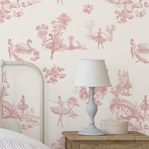 Ballerina Toile Wallpaper, Schwanensee-Dekor, anpassbares Farbdesign, Kinderzimmer-Dekor, Kinderzimmer-Akzentwand, Schälen und Aufkleben oder Traditionell