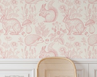 Animal Woodland Wall Art, Wallpaper, Customizable, Woodland Wallpaper, Forest, Neutral Nursery, Nursery Wall Decor, Bunny, Mushroom