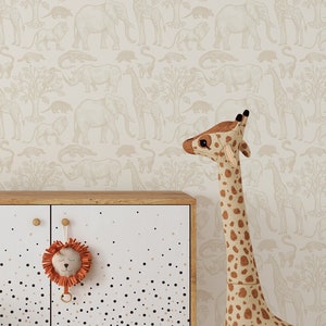 Jungle Safari Toile Wallpaper, Sketched Safari Animals Design, Hand-Drawn Neutral Nursery Decor, Customizable Animal Accent Wall
