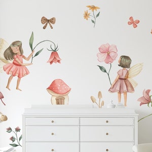 Pegatinas de pared de jardín de hadas: decoración de pared con temática de hadas caprichosas, decoración de habitación infantil, decoración de hadas florales, hadas de jardín, pegatinas de hadas