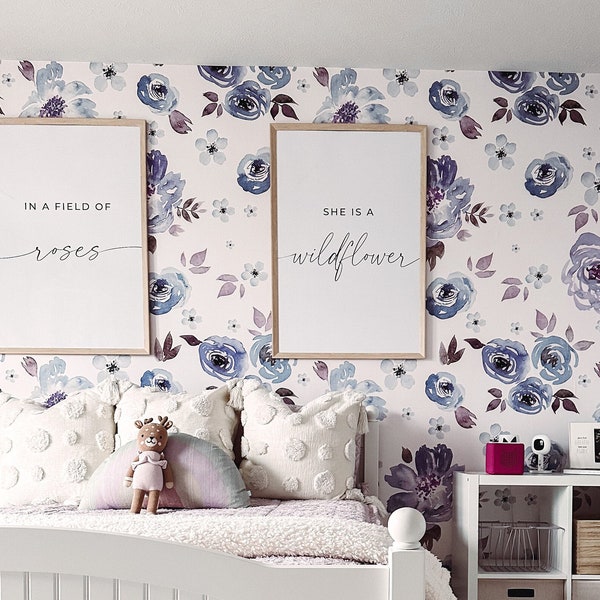 Roxi Purple Blue Floral Wallpaper, Watercolor Flower Nursery Wall Decor, Romantic Vintage Bedroom Accent Wall
