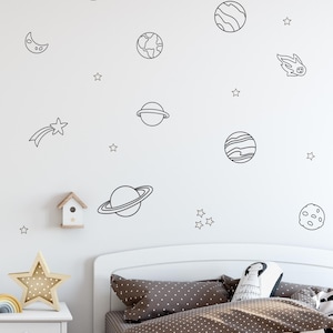 Proste, usuwalne naklejki ścienne z motywem kosmosu – zarys planet i gwiazd do dziecięcej sypialni, wystrój pokoju dziecięcego z motywem kosmosu, personalizowane naklejki