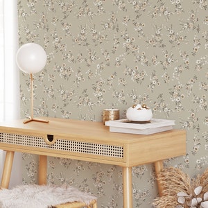 Dainty Floral Wallpaper. Peel and stick. Traditional. Removable. Coastal. Farmhouse. Neutral. Green. Vintage. Grandma. Self Adhesive. Beige