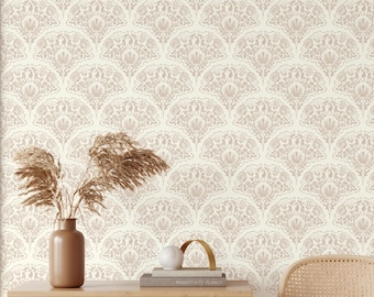 Papel pintado de damasco con caballitos de mar, papel pintado neutro costero, decoración para casas de playa, estampado de conchas vintage, diseño de pared náutico.