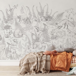 Forest Animal Wall Mural - Woodland Creatures Kids Room Decor - Hand-Drawn Nature Wall Art - Nursery Wallpaper - Neutral Forest Mural