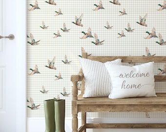 Mallard Wallpaper, Flying Duck Design, Neutral Gingham Wall Art, Country Cottage Decor, Woodland Accent Wall