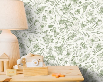 Little Garden Wallpaper, Custom Color Woodland Wallpaper, Forest Animal Wallpaper, Neutral Nursery Wallpaper, Nursery Decor, Green Pattern